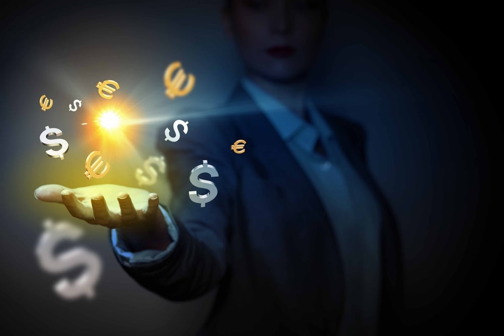 Currency symbols on human hand. Money making and wealth Currency symbols on human hand. Money making and wealth